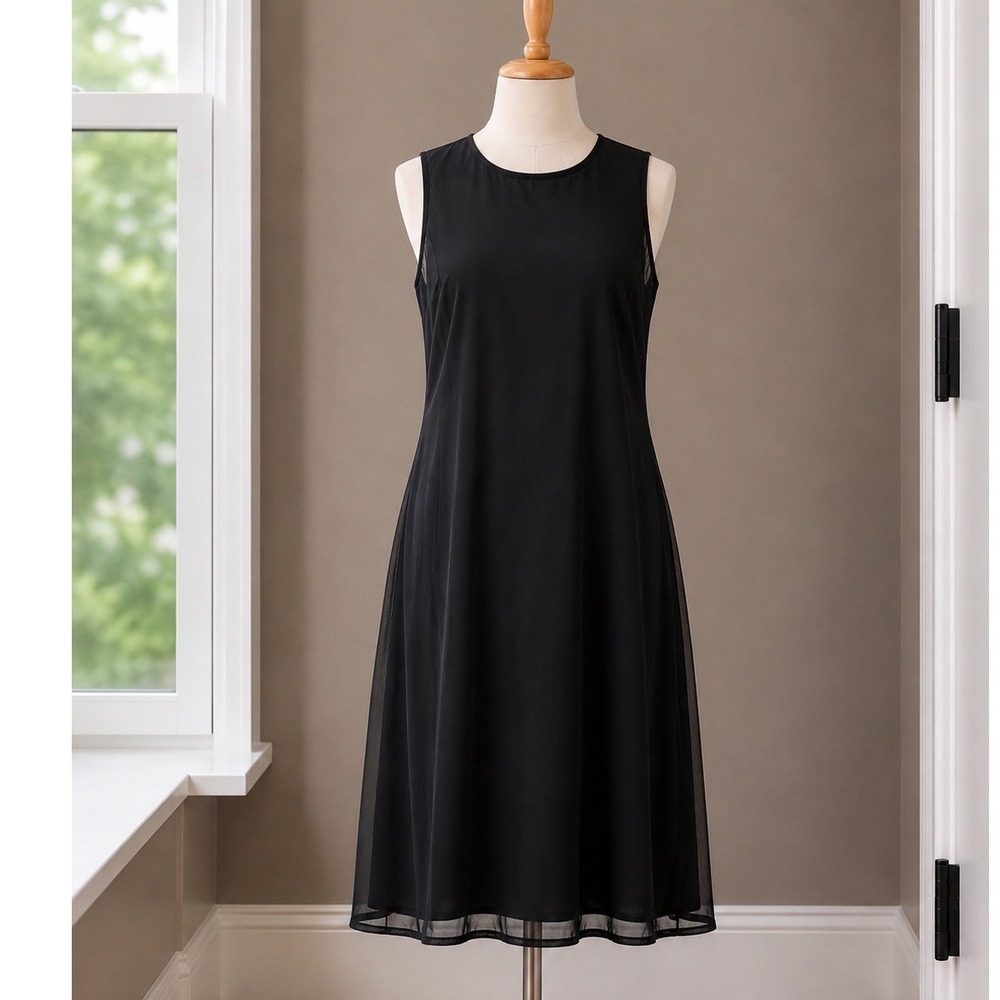 A New Day Black Sleeveless Mesh Overlay Midi Dress Size Small Parisian Chic NEW